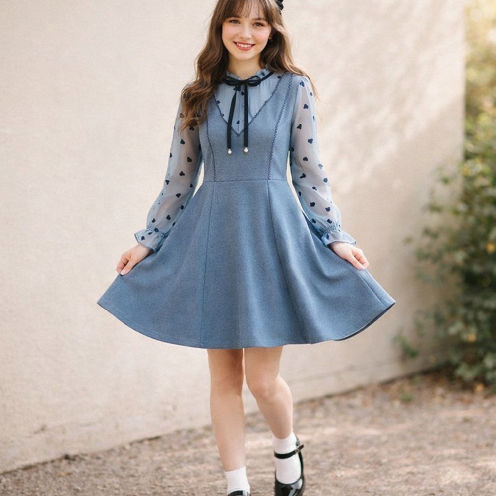 Grey Sheer Heart Sleeve Bow A-Line Dress Women Medium